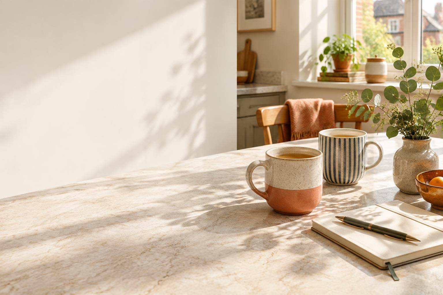 Two cups of tea and a notebook on a sunlit kitchen table